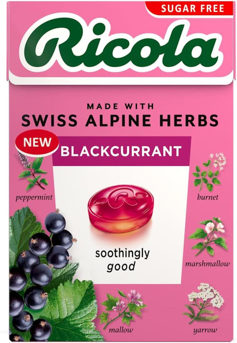 Ricola Blackcurrant Sugar Free Swiss Herbal Sweets, Herb Drops, Sweet Box 45g - Pack of 4