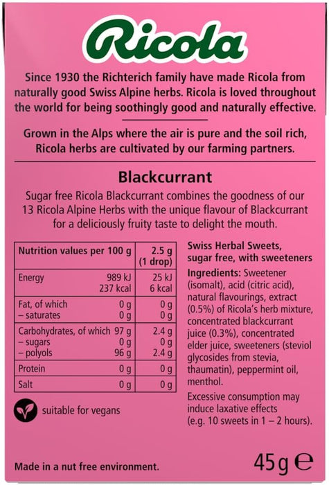 Ricola Blackcurrant Sugar Free Swiss Herbal Sweets, Herb Drops, Sweet Box 45g - Pack of 4