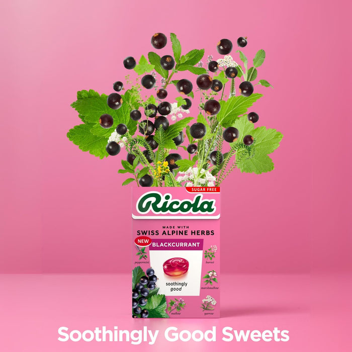 Ricola Blackcurrant Sugar Free Swiss Herbal Sweets, Herb Drops, Sweet Box 45g - Pack of 4