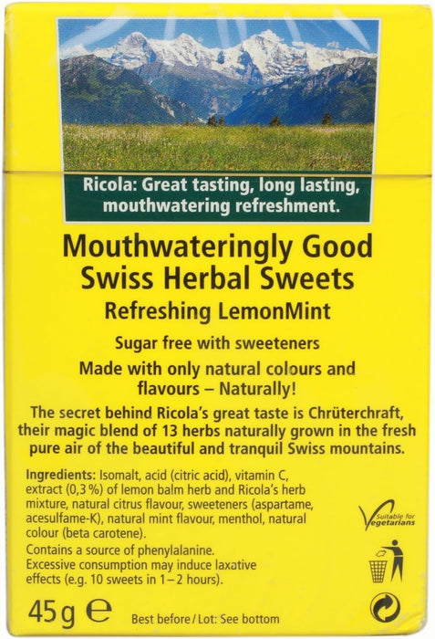 Ricola Lemon Mint Sugar Free Swiss Herbal Sweets, Herb Drops, Sweet Box 45g - Pack of 2